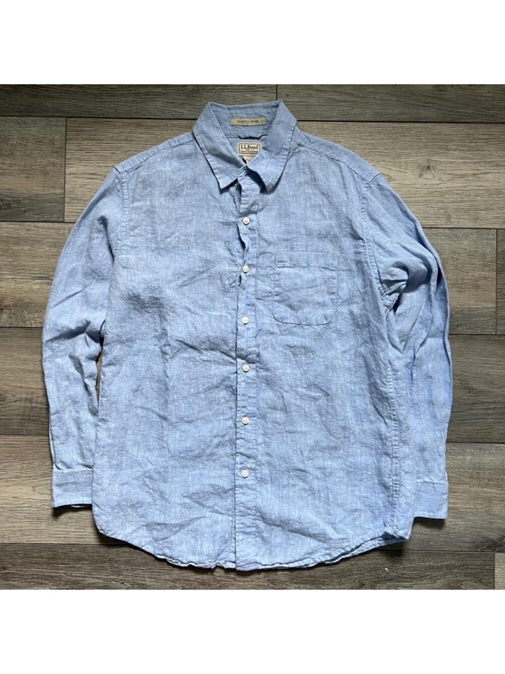 L.L.Bean Men's M 100% Linen Slightly Fitted Button Up Long Sleeve Shirt Blue